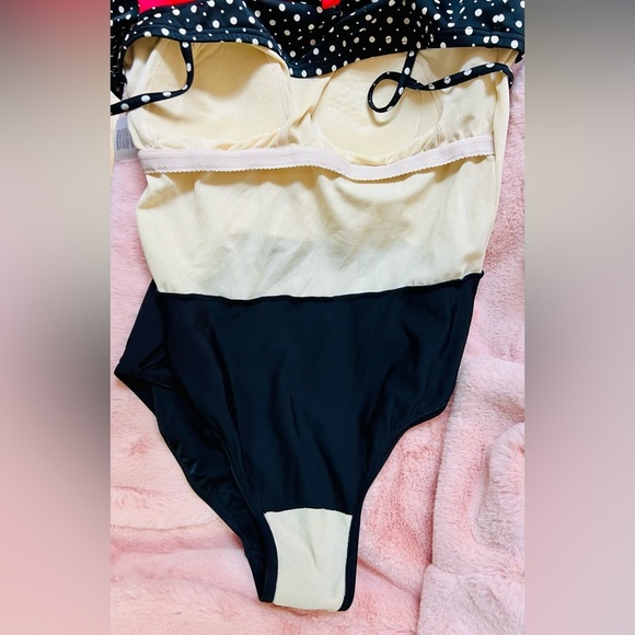 Black Polka Dot 1-Piece Skirted Swim Dresswith Red Front Tie by A Shore Fit - Picture 8 of 13